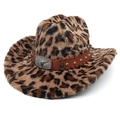 Women's faux fur leopard print jazz fedora hat with western cattle head buckle and brim - M (56-58cm) / Straight Top / Light Coffee