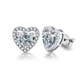 Classic 925 silver heart stud earrings with sparkling moissanite stones and pavé halo - Heart Studs White Moissanite 0.5ct
