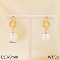 Elegant stainless steel pearl drop earrings with golden charms and 10mm round white pearls - Gold (KE115799-GC)