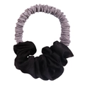 Detail of silk-texture hair scrunchie with grey pleated fabric and black bow design - Black and Grey