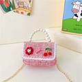 Pink tweed kids crossbody bag with pearl handle, cherry charms and ROCK logo detail - Style 1 Red