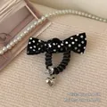 Polka dot bow hair scrunchie with telephone cord and silver heart pendant - Spiral Tie With Bow And Heart / Black Spiral Hair Tie With Bow