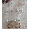 Short beaded bag chain featuring pastel blue and pink pearls with gold spring ring - 50cm / Mermaid Pearl Triple Row [Gold Buckle]