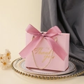 Detail of pink wedding gift bag with gold Thank You script and soft ribbon bow - 14x6x12cm / Thank You Pink Bag + Bean Paste Pink Ribbon