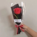 Single red artificial rose bouquet with gift card and ribbon for Valentine's Day - Single Red Rose Bouquet New Version