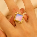 Vintage gold stainless steel ring with square colorful opal stone on female hand - 57 18k Genuine Gold K-034