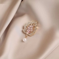 Elegant gold leaf brooch with pink crystals, white rhinestones and a pearl drop on silk - 537# Pink Leaves