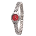 Detail of a silver metal watch featuring a vibrant red dial and quartz movement - Silver Red