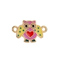 Detailed view of alloy enamel owl pendant with pink body and green polka dot wings - Yellow Pink Heart Owl