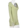 Detailed side view of light green ribbed long sleeve bodysuit with U-neck on a model - S / Light Green