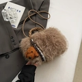 Brown fluffy plush handbag with woven leather handle and cute puppy doll accessory - Khaki