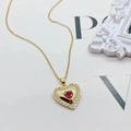 Golden necklace with a red heart-shaped gemstone pendant surrounded by white crystals - Red