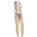 Detail zijzicht van beige mouwloze bodysuit met bruine contrastlijnen voor vrouwen - S / Abrikoos