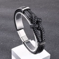 Bracciale in pelle nera intrecciata con nodo in acciaio e chiusura magnetica - Corda in Pelle Nera Con Chiusura Color Acciaio