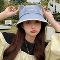 Cute light blue bucket hat for women featuring 3D cat ears and whiskers embroidery - Light Blue