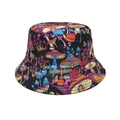 Black bucket hat with vibrant colorful mushroom patterns for outdoor sun protection - M (56-58cm) / Black Psychedelic Mushroom Print Style (3#)