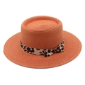 Orange flat top straw sun hat with leopard print ribbon bow for beach vacations - M (56-58cm) / Caramel
