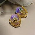 French vintage earrings with purple dried flowers in 18K gold plated oval frames - Lavender Purple Flower