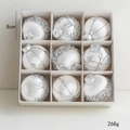 Set of 9 white satin Christmas tree ornaments with silver beads in a gift box, 8cm size - 8cm / Silver