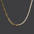 Modern gold paperclip chain and white zircon tennis necklace set on black background - Gold Necklace