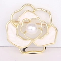 Elegant gold-tone camellia brooch with white enamel petals and a large center pearl - White Camellia