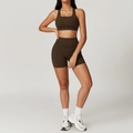 Dark brown high-stretch quick-dry yoga set with square neck bra and high waist cycling shorts - S / Top And Bottom / Shorts Set / Coffee