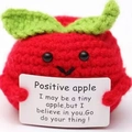 Handmade knitted red positive apple doll with a green leaf and encouraging message card - Red Apple With Green Leaf P Card