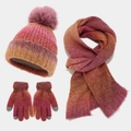 Three-piece winter tie-dye knit set with pompom beanie scarf and touch gloves - Red Gradient