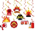 Firefighter party decorations set with red swirls, fire truck, and helmet cardstock cutouts - Swirl Decorations