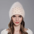 Chic women's rabbit fur knit beanie in creamy white with sparkling rhinestone accents - Beige