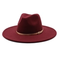 Detail of burgundy wool fedora hat featuring a slim leather band and gold metal buckle - M (56-58cm) / Burgundy