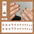 Cartoon cat theme press-on nails set with brown gradient and cute feline face designs - R908 Cute Lines (Glue Style)
