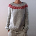 Gray long sleeve knit sweater with red geometric patterns on neck and shoulders - 3XL / Tops / Plum Blossom Pattern (9160#)
