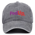 Detailed macro view of vintage washed charcoal cotton baseball cap with FedUp embroidery - Gray