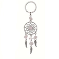 Detail of dreamcatcher keychain with pink crystals and carved silver feathers - Rose Quartz