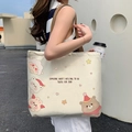 Off-white canvas tote bag featuring cute animal illustrations and thick brown straps - 4 Bears - Beige