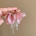 Detail of pink fabric flower earrings with gold heart studs and beaded tassels - 15# Silver Pin-Gold Pink