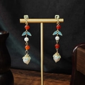 Chinese retro long earrings with red beads, white pearls and blue enamel leaf charms - E5943-3 Blue Enamel Pearl Agate