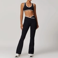 Black high-waisted yoga set with white contrast piping and V-cross waistband design - XL / Top And Bottom / Premium Black (Bra + Flare Pants)