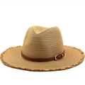 Women's straw fedora hat with frayed brim and brown leather belt for beach sun protection - M(56-58cm) / Khaki