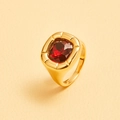 18K gold plated stainless steel ring with square red zircon and floral engraving - US 6 / Ring / Gold - Red Zircon