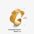 Adjustable golden stainless steel leaf ring with detailed feather texture and cutouts - Hollow Feather Style (ZN183) / Gold