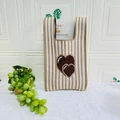 Knitted tote bag featuring brown double heart pattern and cream vertical stripes - Vertical Stripes Rice And Coffee Double Hearts