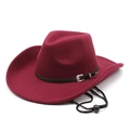 Retro burgundy wool felt cowboy hat with leather band and adjustable chin strap - M(56-58cm) / Burgundy