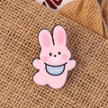 Cute pink rabbit acrylic brooch with blue bib and Rabbit text on brown linen - Baby Rabbit