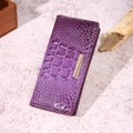 Purple crocodile pattern long wallet for women with elegant gold metal trim detail - Deep purple