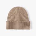 Minimalist winter beanie in camel brown ribbed knit with thick cuffed brim for women - One Size / Khaki