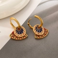 Vintage gold fan earrings with blue and red enamel wave pattern in oriental style - T2287 Style / Fan-shaped Pendant