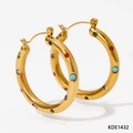 Golden stainless steel hoop earrings featuring colorful inlaid gemstones and crystal accents - Golden Colorful Zircon Style (KDE1432)