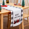 Linnen kersttafelloper met Merry Christmas tekst en feestelijke geruite boompatronen - Geruite Rand Kerstboom Witte Stijl (02) / 180*33cm / Wit